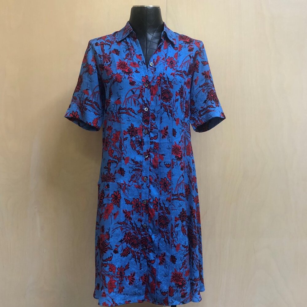 Derek Lam Silk Floral Jacquard A-line Shirtdress Blue and Red - Size US 4